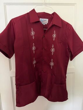 Vintage Guayabera Cubana Mexico Satin Shirt Men’s Copacabana Burgundy